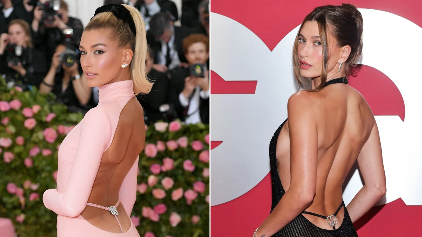 Hailey Bieber at the 2019 Met Gala in a pink backless Alexander Wang gown with visible thong styling.