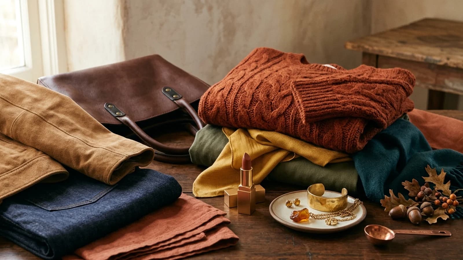 Autumn color family still life with rust knitwear, olive, mustard, camel suede, chocolate leather, warm denim, antiqued gold, and terracotta lipstick.