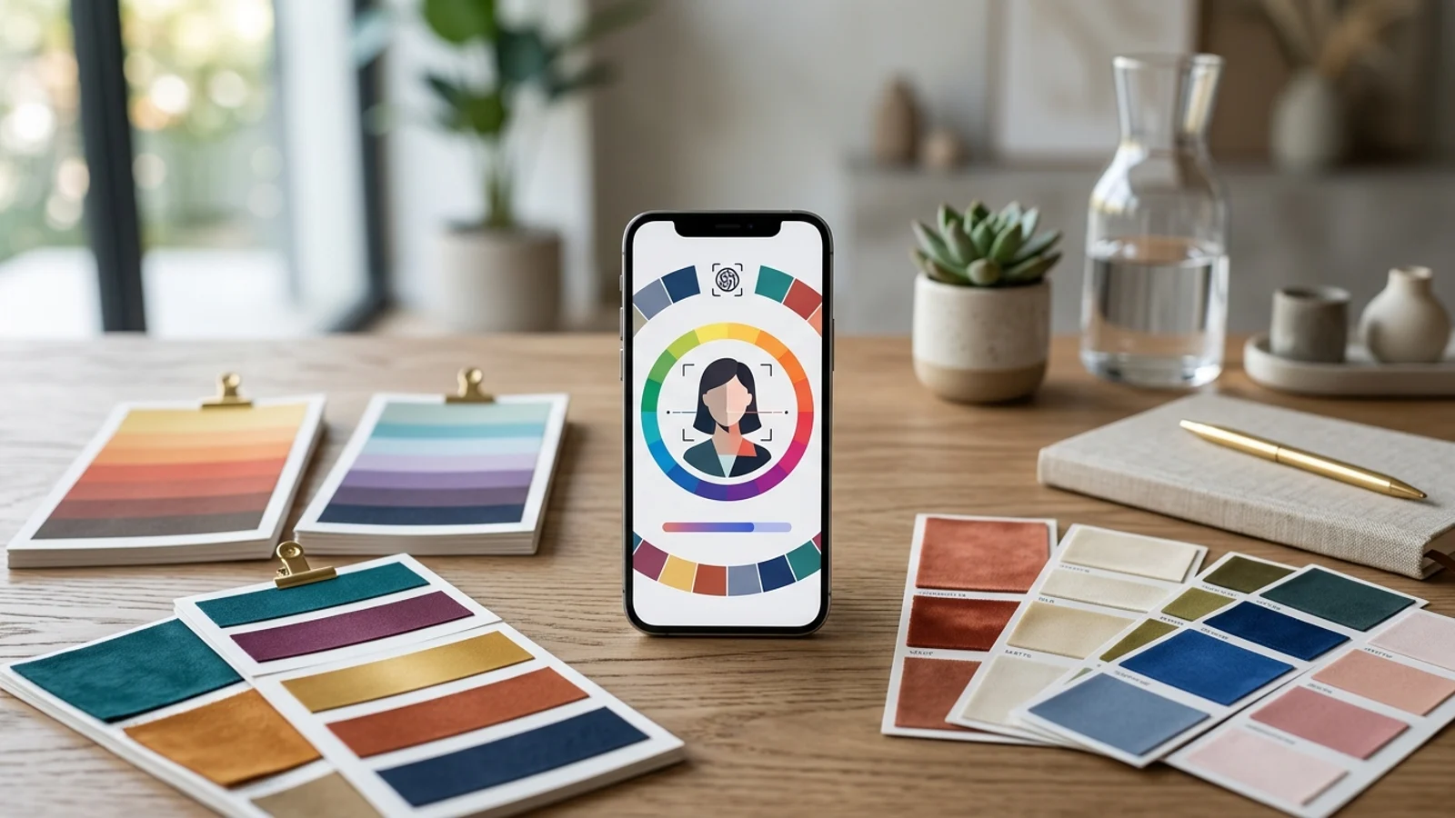 Text-free beauty tech mockup of a phone-based AI color scan with color swatches.