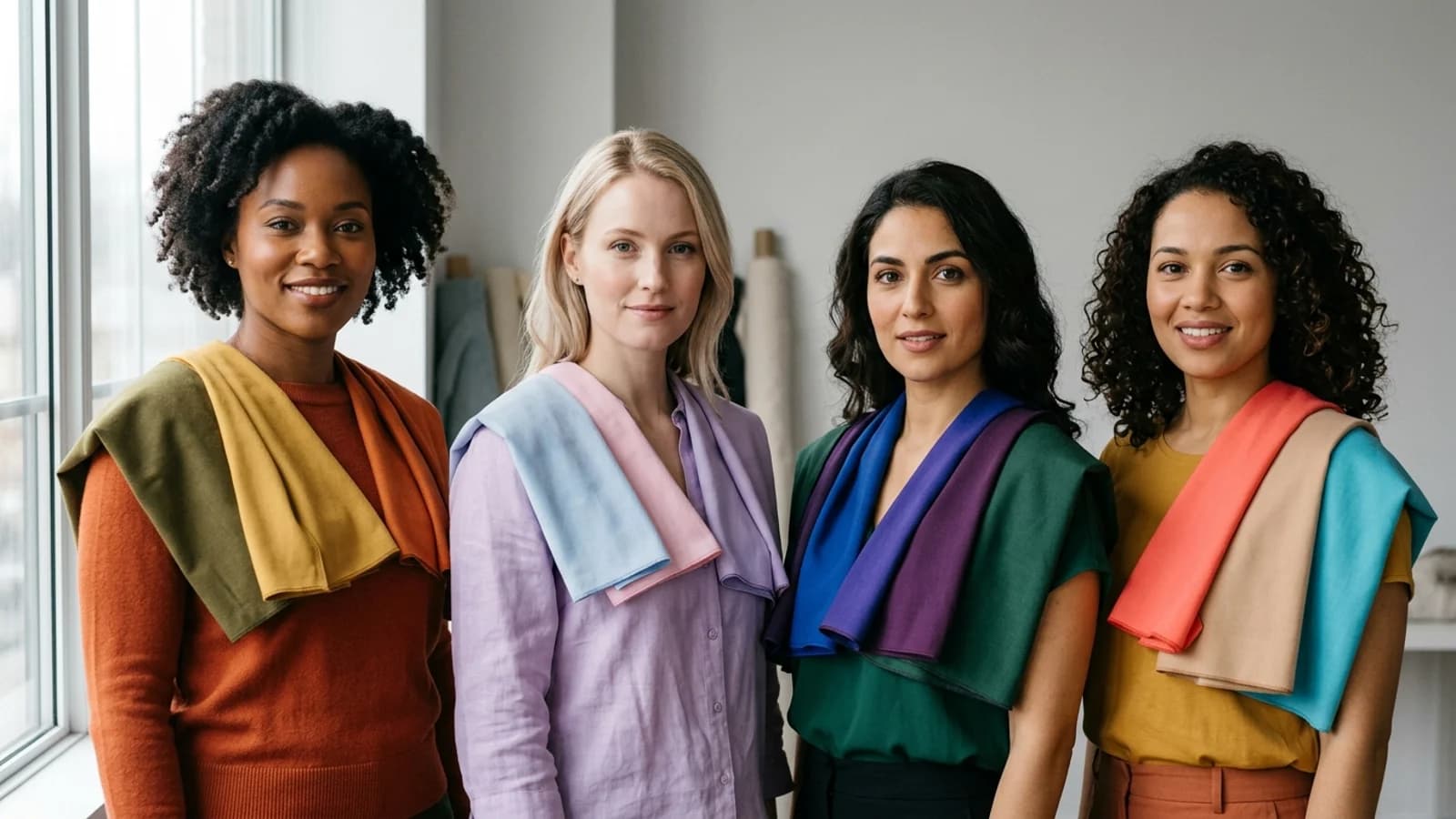 Inclusive color draping self-assessment scene with diverse adult portraits and color fabrics near the face.