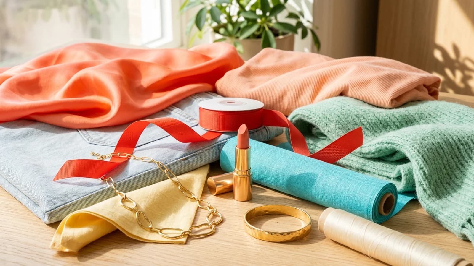 Spring color family still life with clear warm coral, peach, turquoise, mint, light denim, gold jewelry, and peach lipstick.