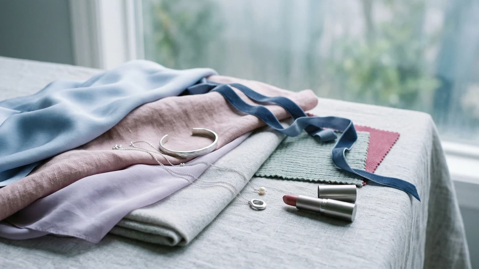 Summer color family still life with powder blue, dusty rose, lavender, pearl gray, cool sage, brushed silver, and rose lipstick.