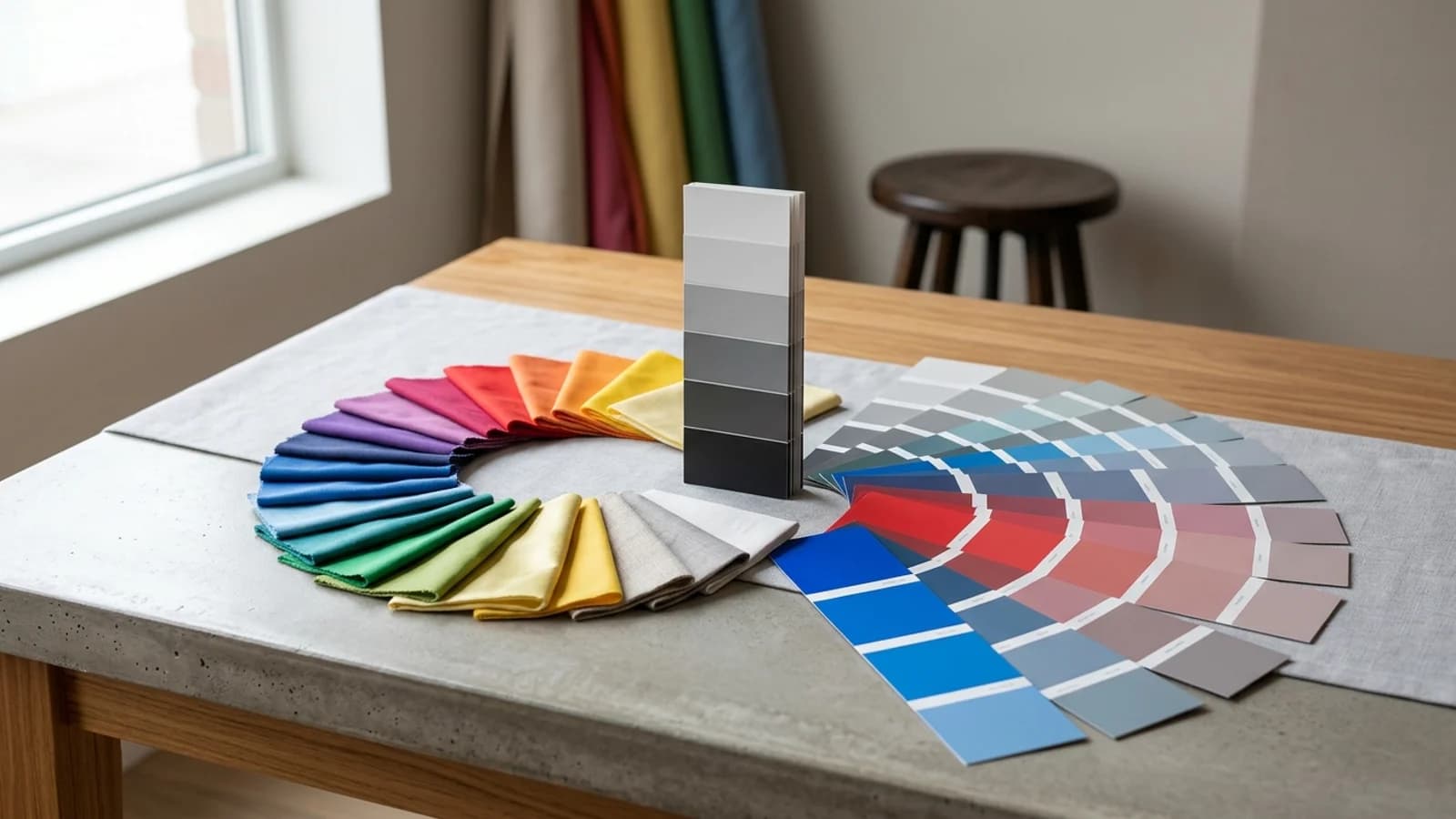 Wordless studio graphic showing hue, value, and chroma through color swatches, neutral scale, and saturated-to-muted chips.