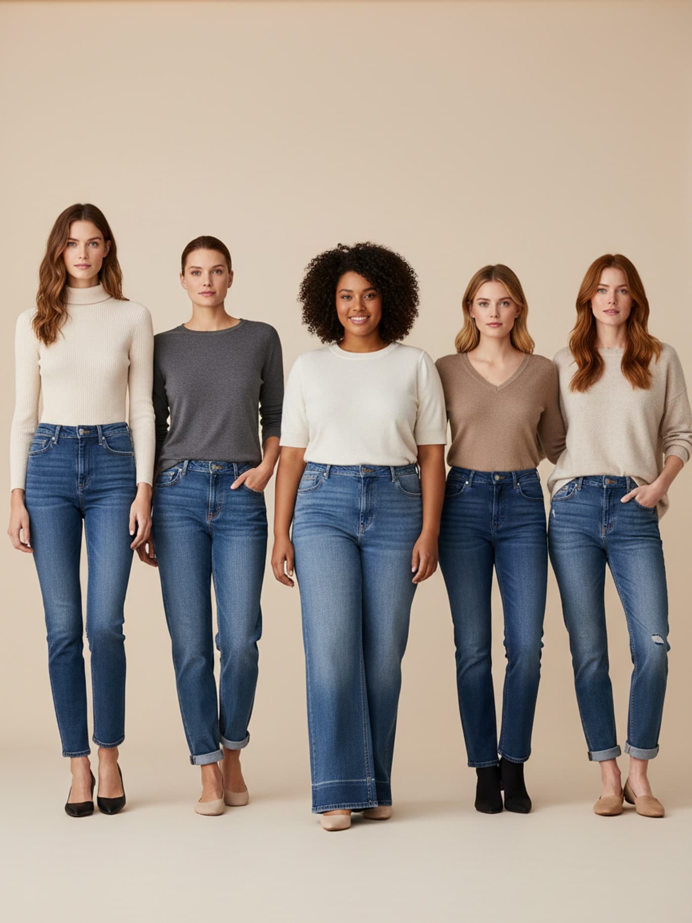 Five adult women with varied proportions wearing different jeans fits that balance rise, top block, and leg shape.
