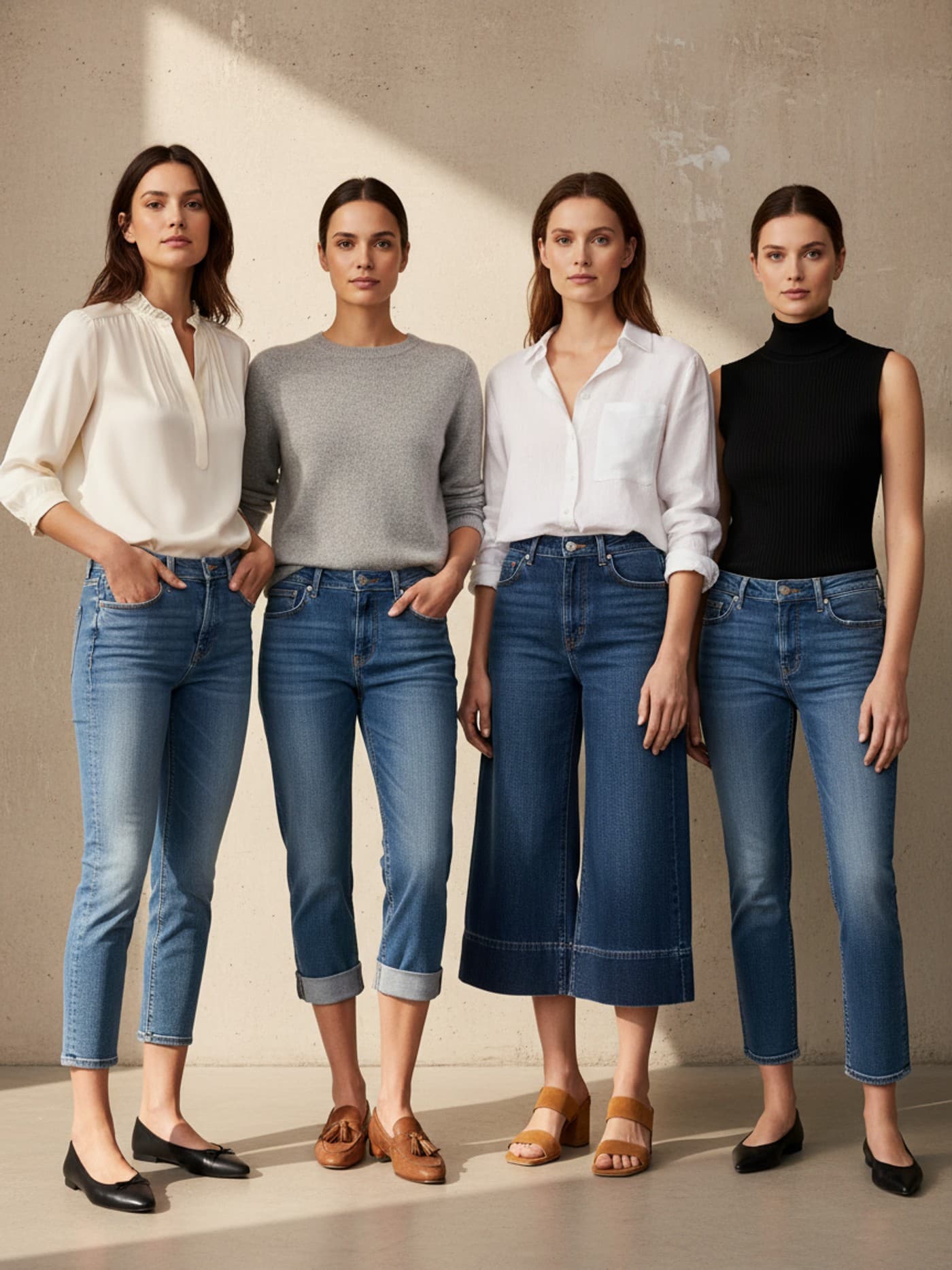Four adult women wearing capri jeans, pedal pushers, denim culottes, and ankle-crop jeans in a studio length comparison.