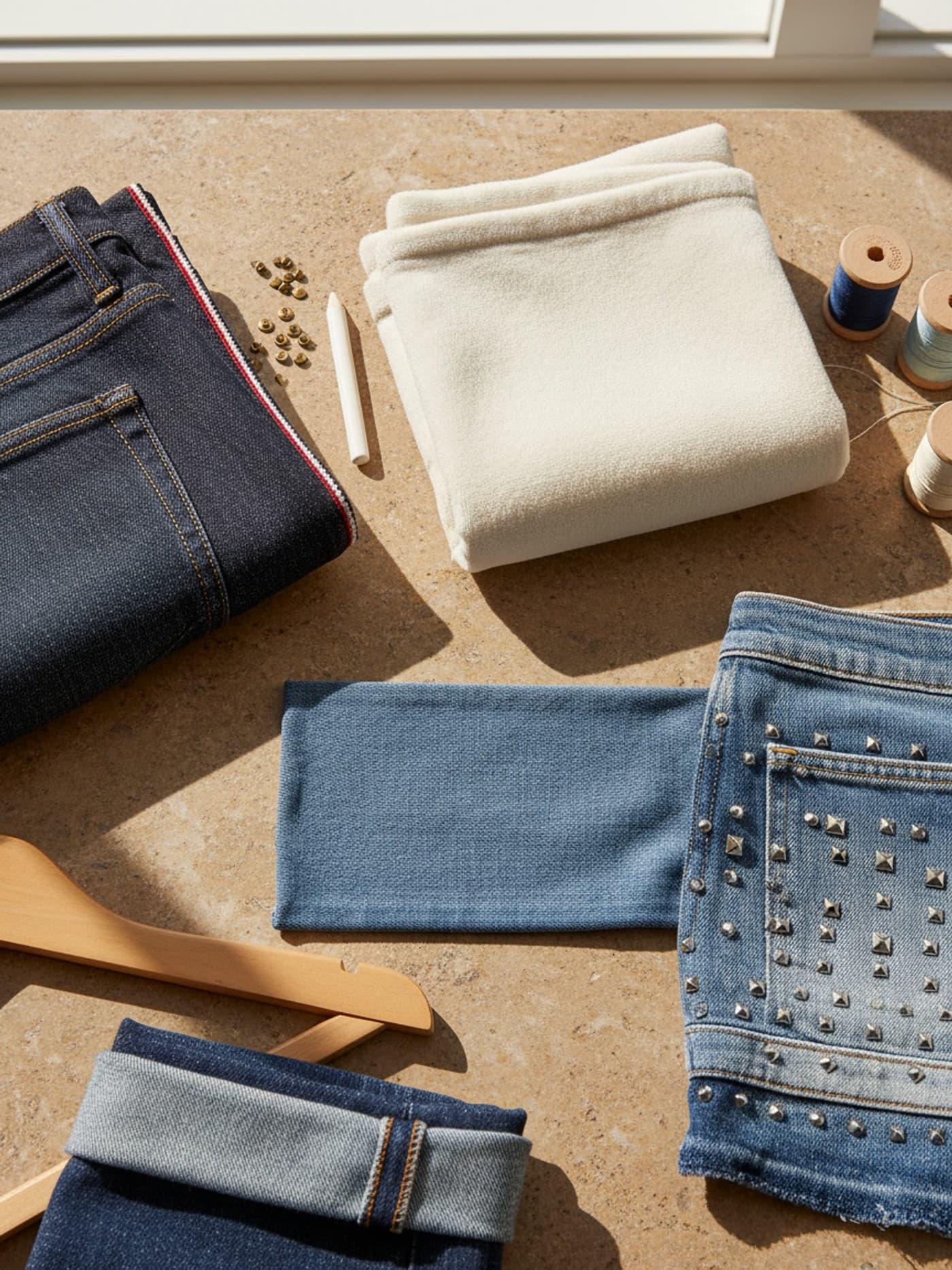 Flat lay of raw indigo, ecru, stretch, cuffed, and embellished denim fabric details.