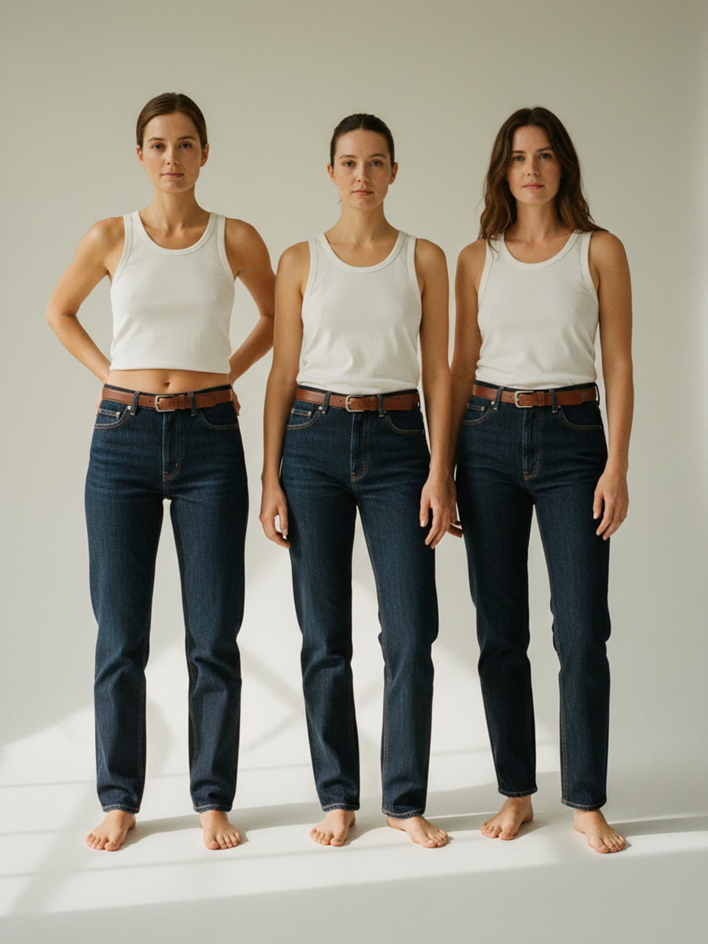 Three adult women wearing low-rise, mid-rise, and high-rise straight-leg jeans in a studio comparison.