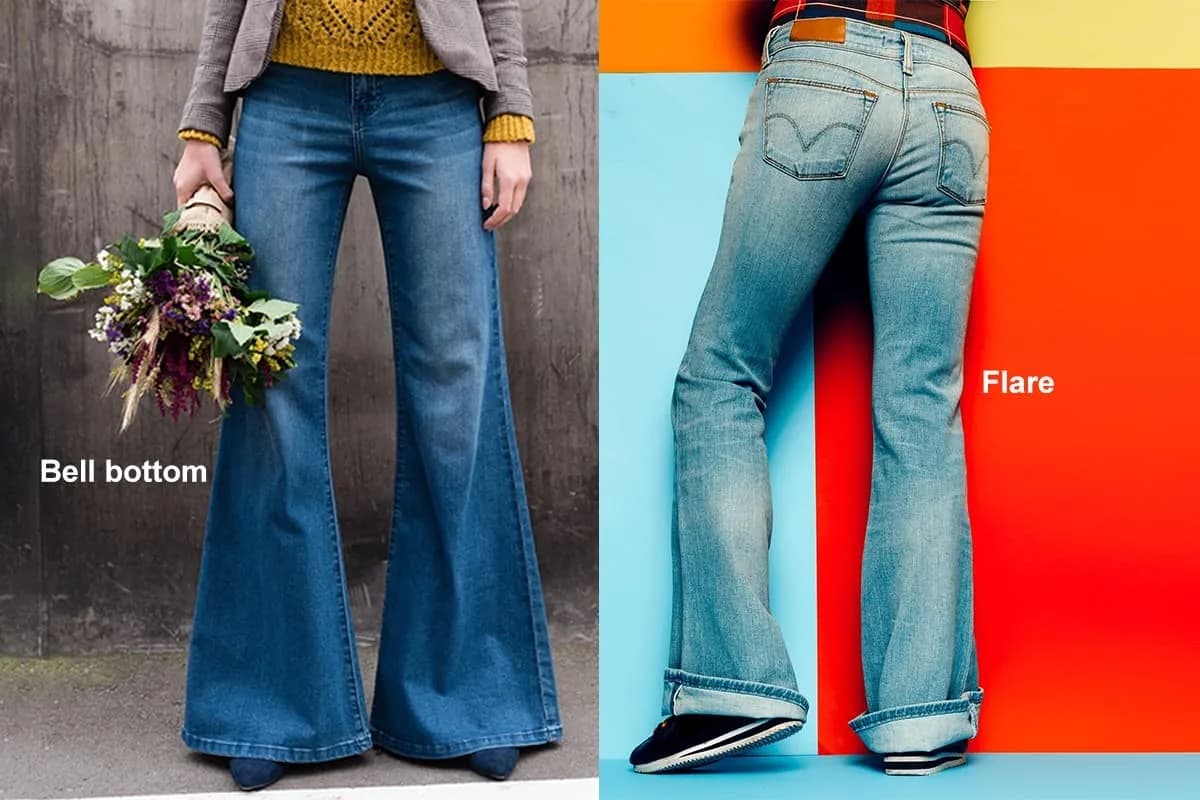 Bell bottom jeans with a dramatic widened hem.