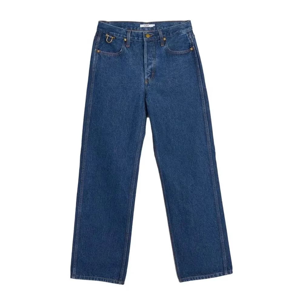 Woman wearing classic straight-leg blue jeans.