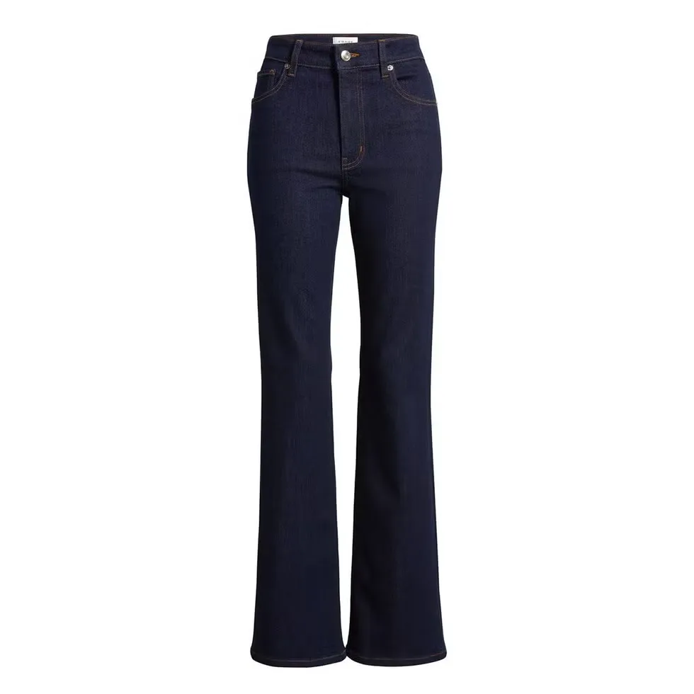 Woman wearing 1970s-inspired flared jeans.