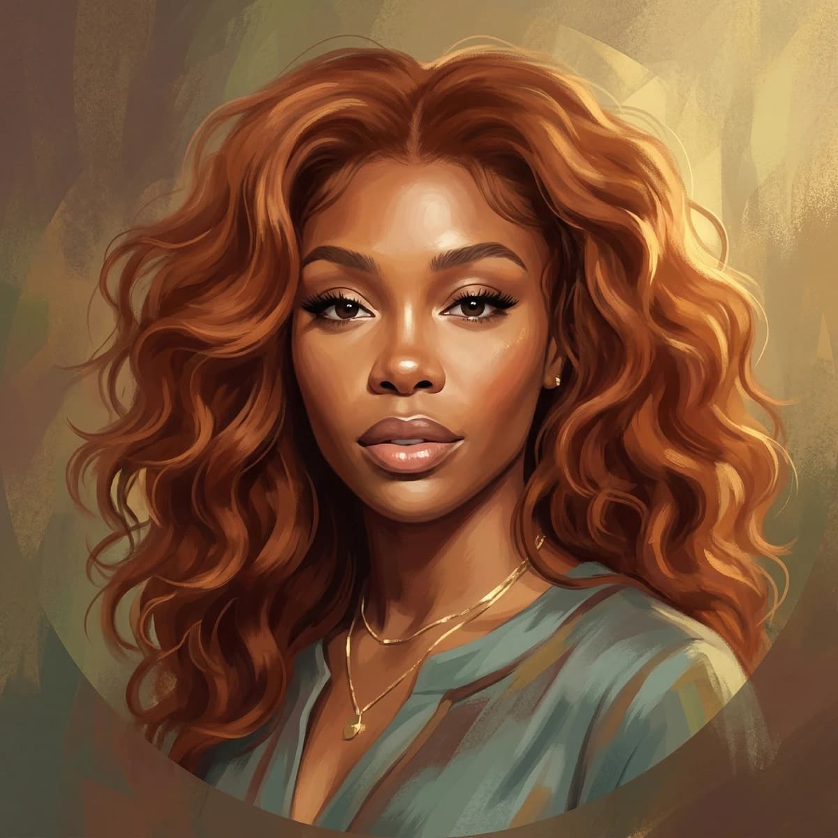 Season-aligned style icon portrait in soft teal and cocoa tones