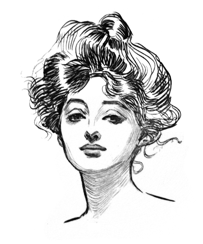 The original, iconic pen-and-ink illustration by Charles Dana Gibson, establishing the voluminous pompadour geometry and facial framing.