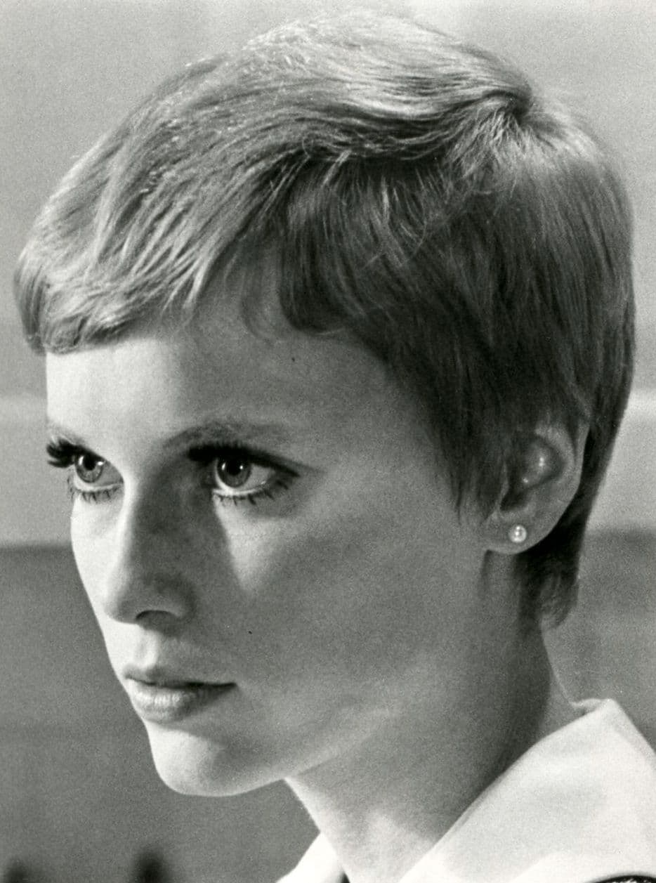 Mia Farrow in Rosemary's Baby, showcasing the extreme, close-cropped, almost architectural variation of the pixie cut that defined late-1960s minimalism.