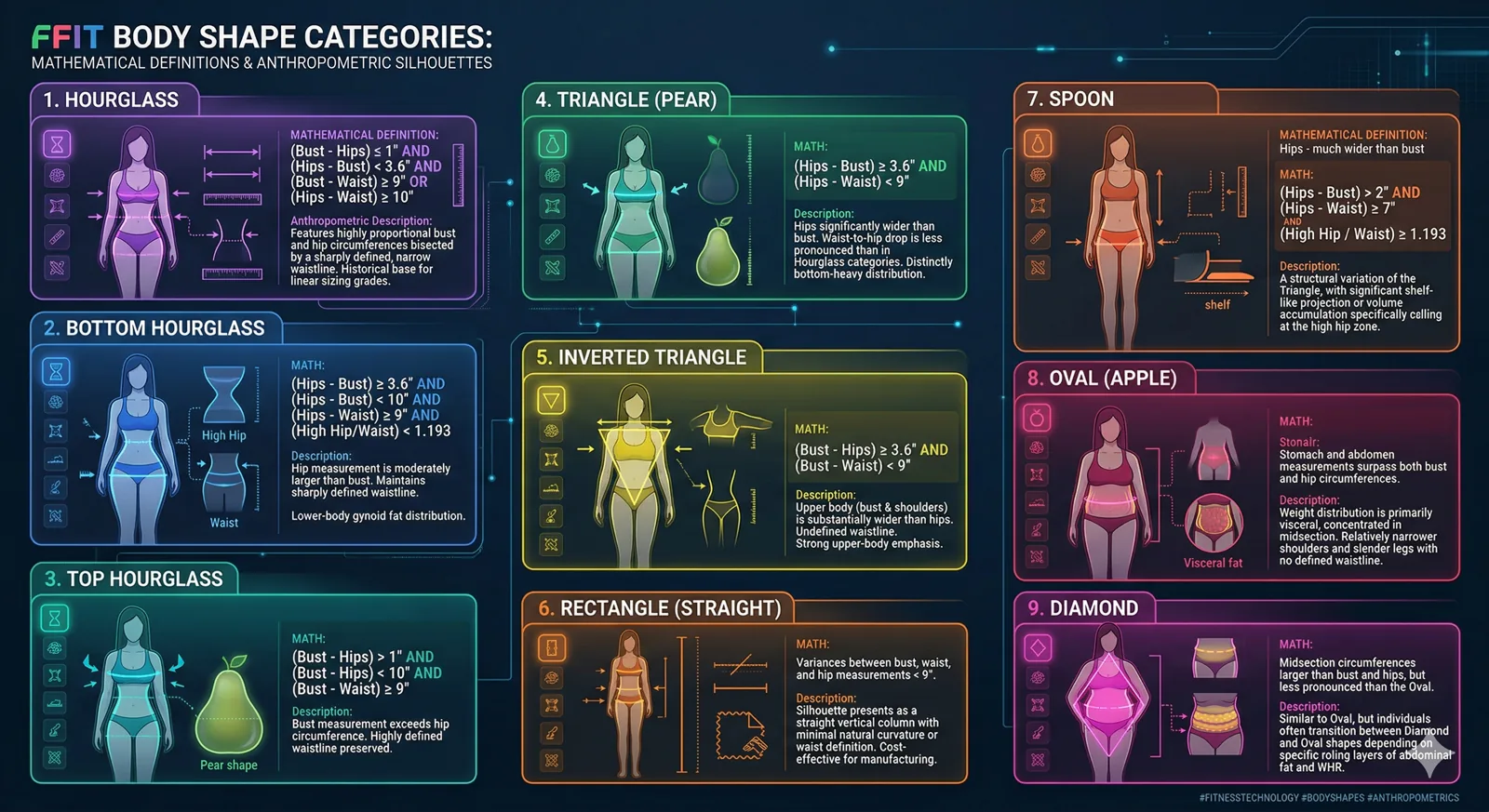Diagram of FFIT body shape categories including hourglass, pear, inverted triangle, rectangle, spoon, oval, and diamond with anthropometric definitions.