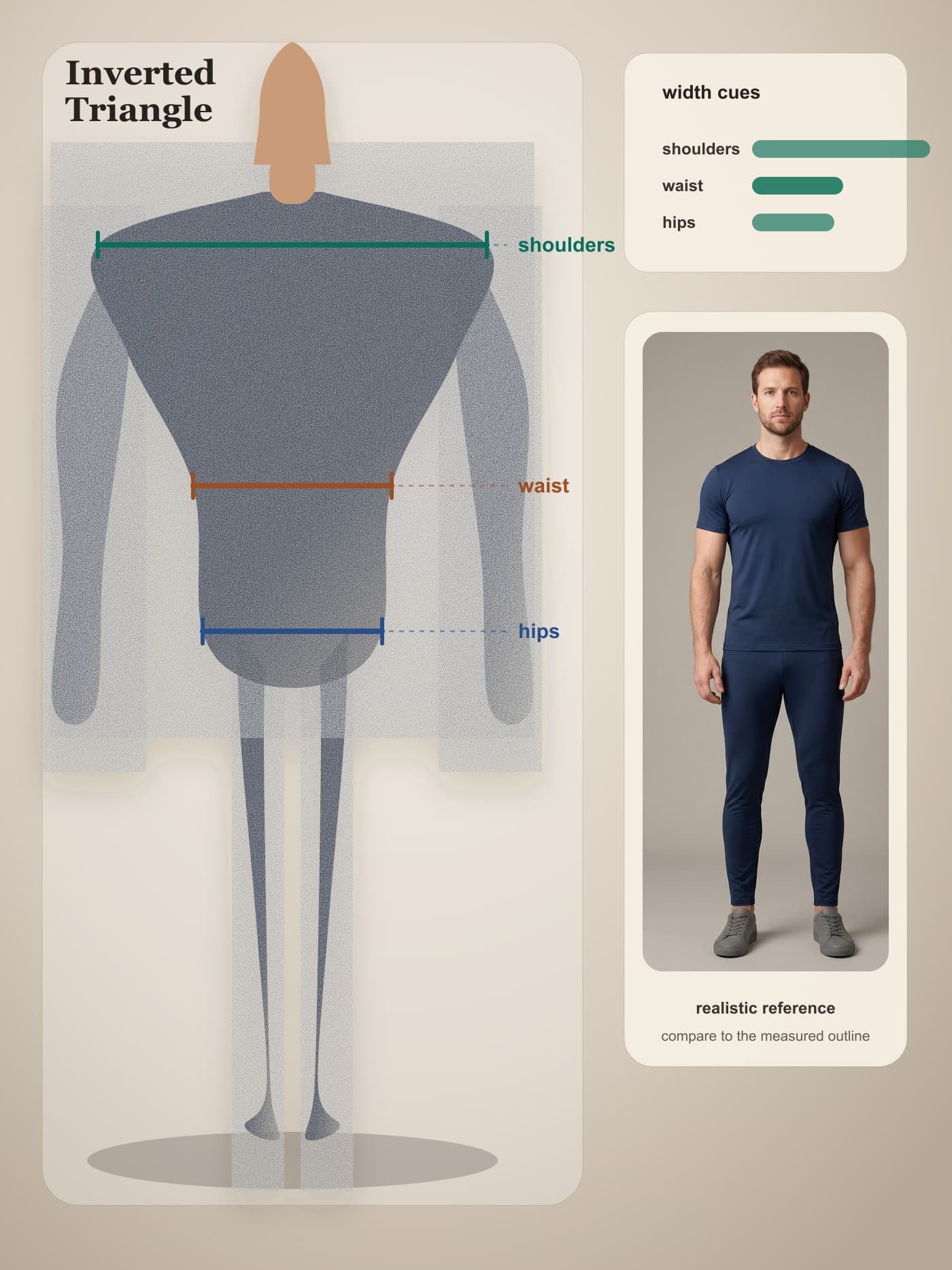 Adult man with inverted triangle body proportions shown front-facing in fitted neutral athletic clothing.