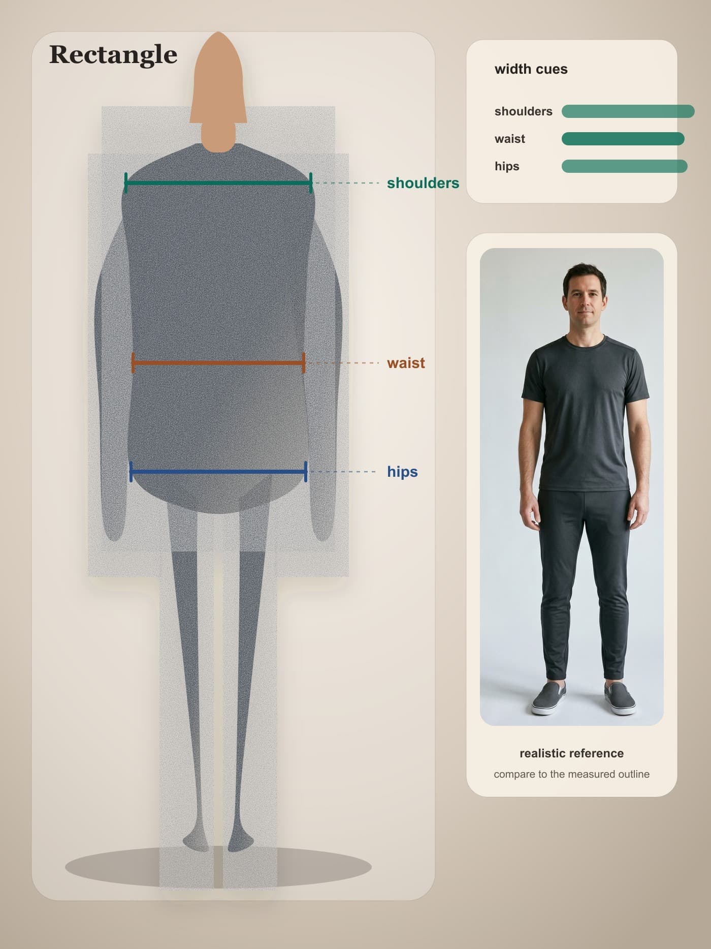 Adult man with rectangle body proportions shown front-facing in fitted neutral athletic clothing.