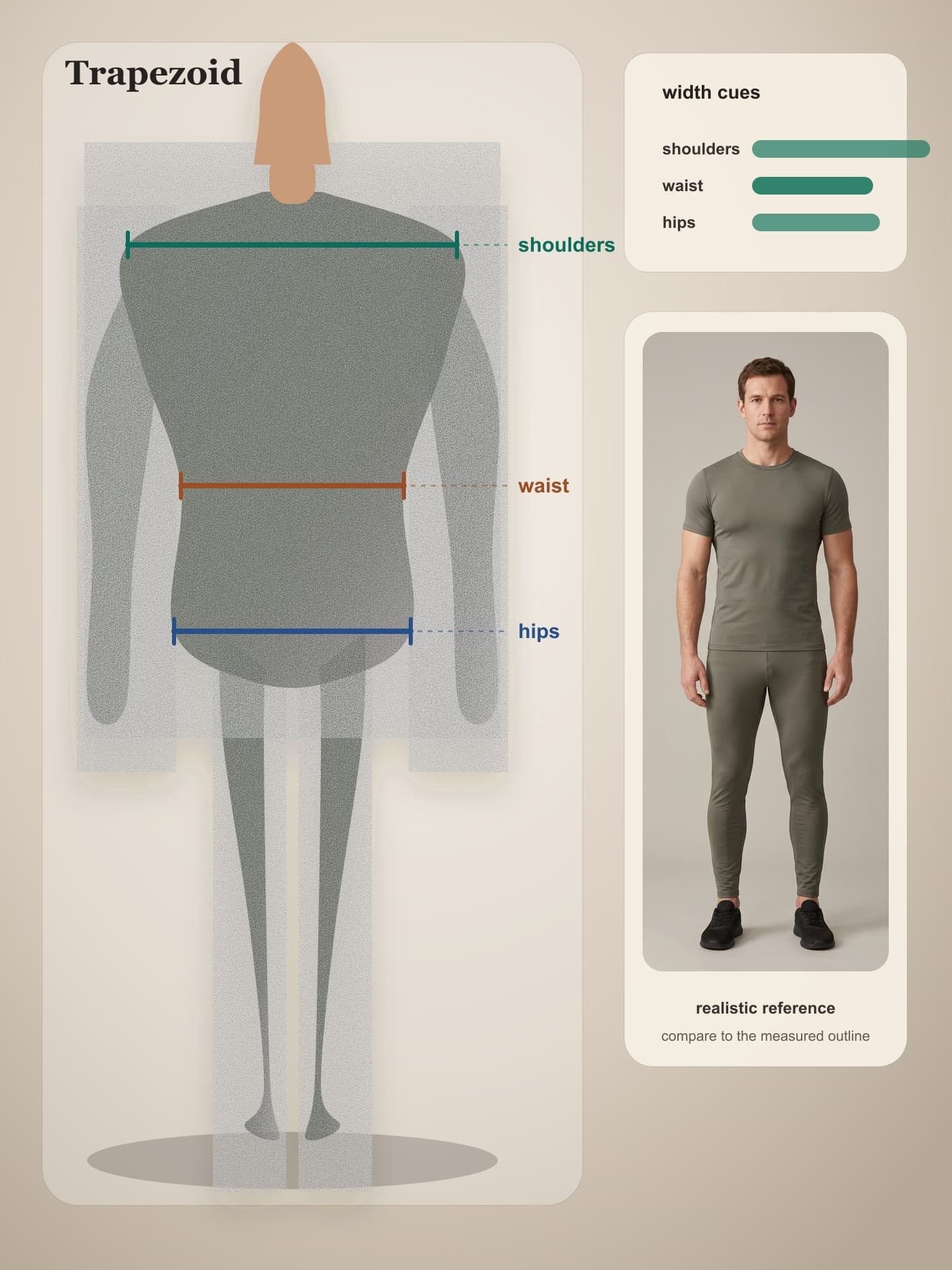 Adult man with trapezoid body proportions shown front-facing in fitted neutral athletic clothing.