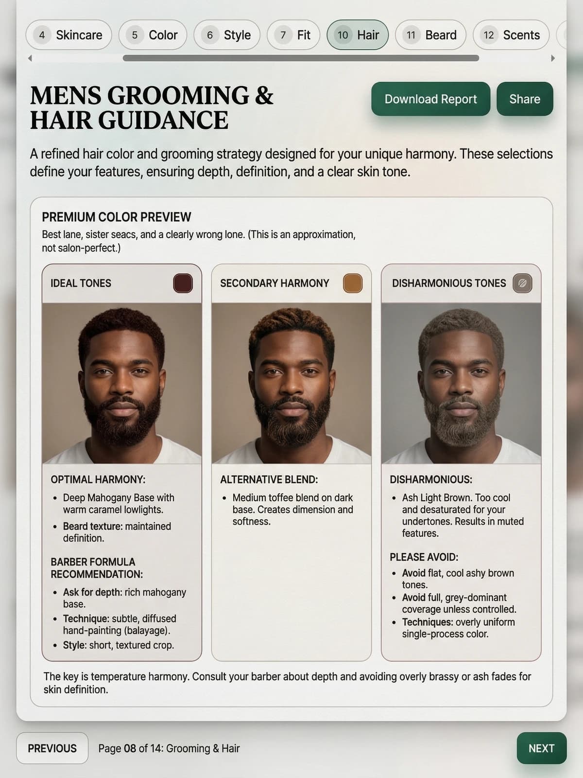 Men's auraDNA dossier preview showing grooming and hair direction.