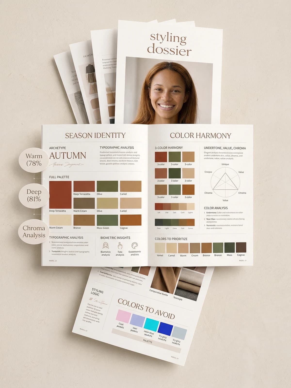 auraDNA dossier preview showing season identity, color harmony, and custom palette pages