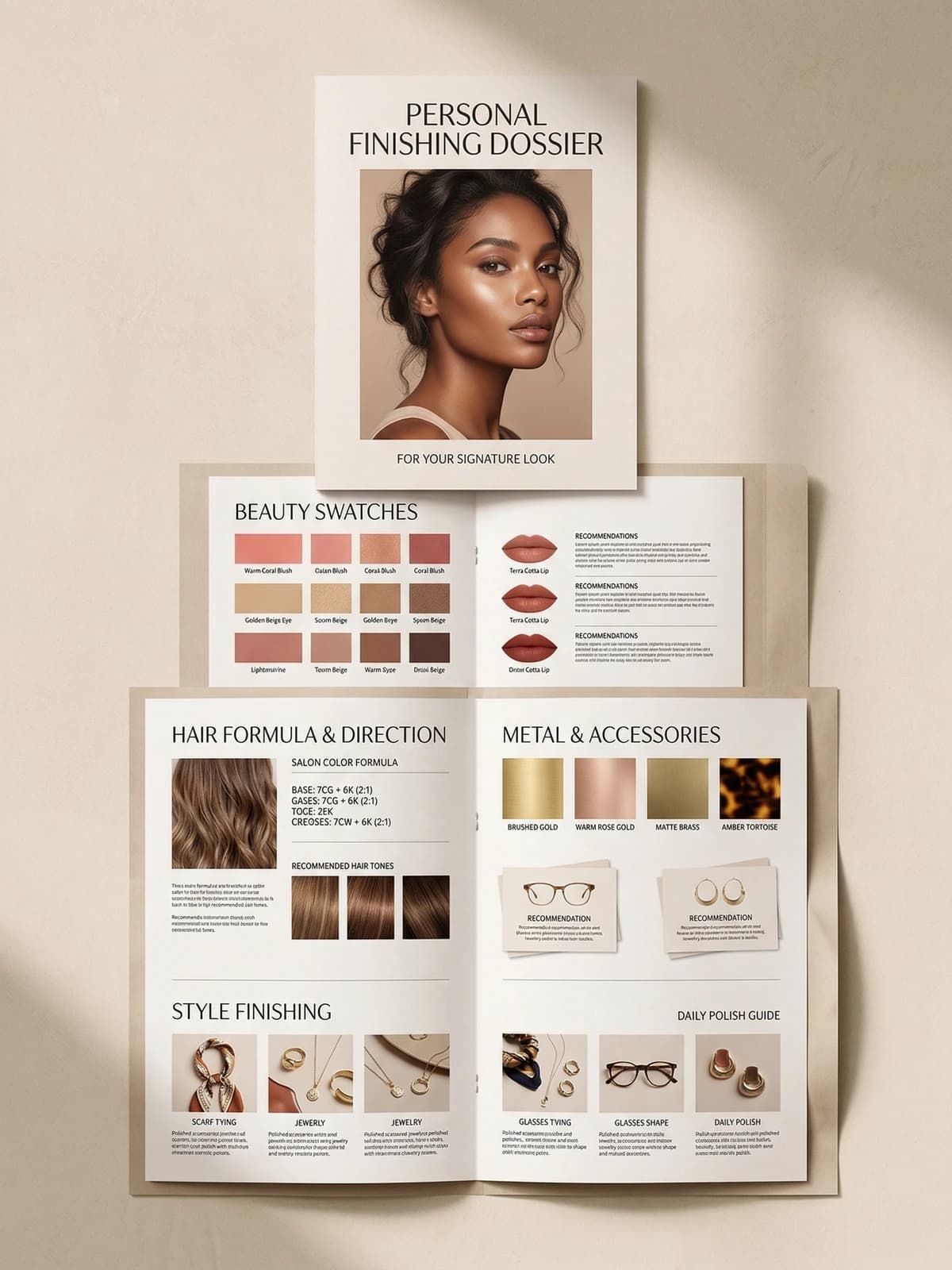 auraDNA dossier preview showing beauty swatches, hair formulas, and finishing-style guidance