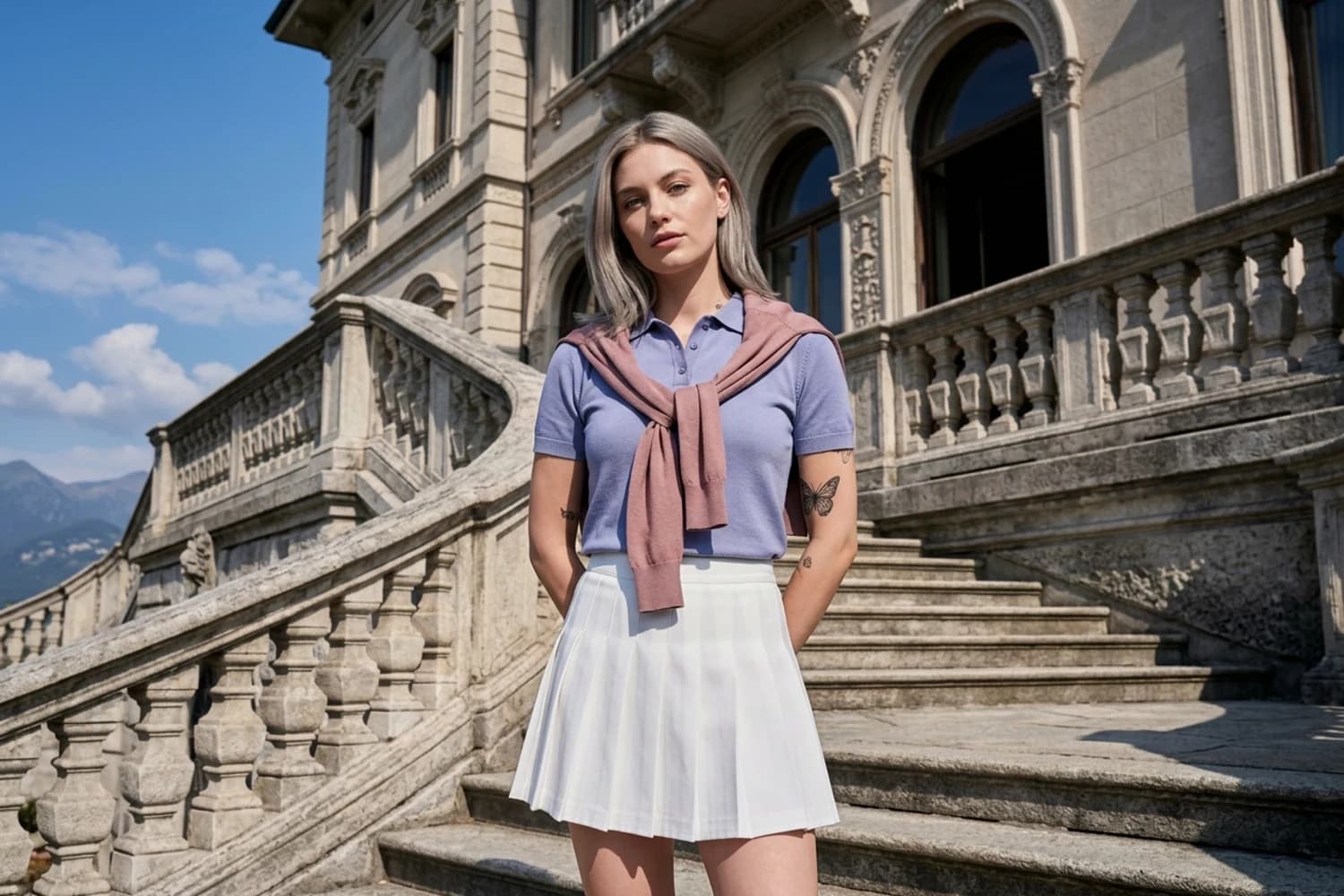 Sophisticated woman standing on the staircase of an ornate Italian villa